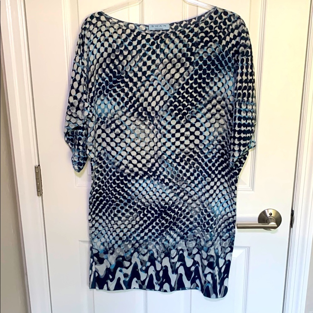 Shan silk tunic blouse blue gray and white